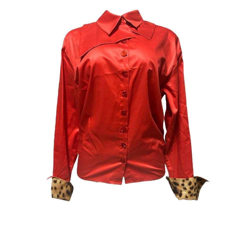 Ronald van der Kemp Red Silk Blouse Women 36 Leopard Cuffs Designer Shirt